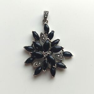 Sterling‎ Silver Black Marcasite And Onyx Floral Pendant 2"